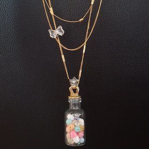 2pcs kawaii pink Girl Pills gold tone crown vial bottle layer chain necklace set